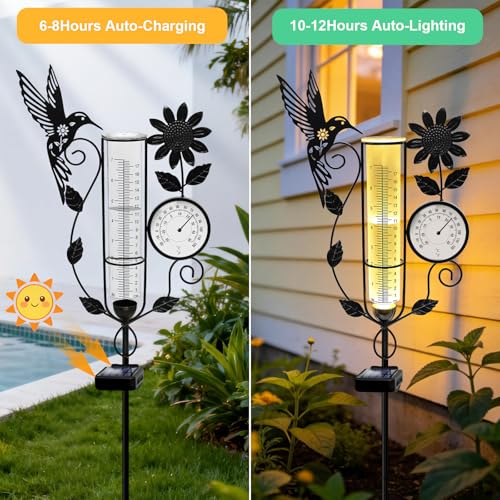 Metal Hummingbird Solar Rain Gauge Outdoor with LED Light and Thermometer - color: Hummingbird