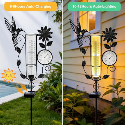 Metal Hummingbird Solar Rain Gauge Outdoor with LED Light and Thermometer - color: Hummingbird