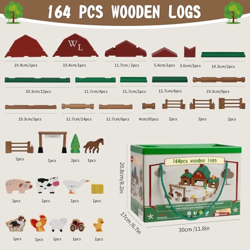 Wondertoys 164 Pcs Wooden Log Set Ranch Real Wood Logs Classic Building Log Ages 3+ Best Retro Farm Building Gift Set Creative Construction Engineering Educational Gifts - style: 164PCS Ranch