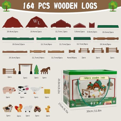 Wondertoys 164 Pcs Wooden Log Set Ranch Real Wood Logs Classic Building Log Ages 3+ Best Retro Farm Building Gift Set Creative Construction Engineering Educational Gifts - style: 164PCS Ranch