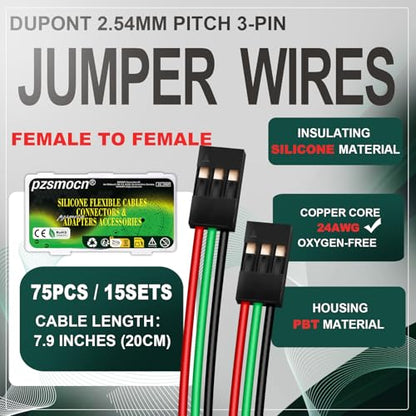 15 Sets / 75 Pcs for Dupont 2.54mm 3-Pin Connector Kit 24AWG 20cm - size: 3-Pin, style: Female to Female