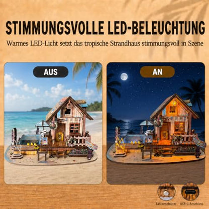 LED 3D Wooden Puzzle for Adults, DIY Miniature Hawaiian Beach House,Decor