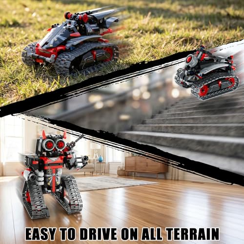 STEM Robot/Tank/Tracked Combat Vehicle 3-in-1 Transforming Mecha RC Car Building Kit for Boys 6-12, Remote & APP Controlled Coding Gear, 419 Pcs Learning Educational Blocks Toy Gift for Kids - color: Red