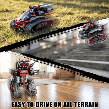 STEM Robot/Tank/Tracked Combat Vehicle 3-in-1 Transforming Mecha RC Car Building Kit for Boys 6-12, Remote & APP Controlled Coding Gear, 419 Pcs Learning Educational Blocks Toy Gift for Kids - color: Red