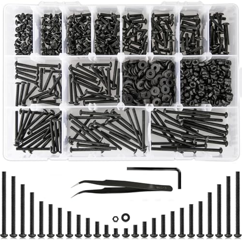 1023Pcs M3 Screw Assortment 13 Lengths 4mm to 40mm, 10.9 Alloy Steel Nuts and Bolts Assortment Kit, Metric Button Head Hex Socket Head Cap Machine Screws and Nuts, Washers, Black - size: B. M3