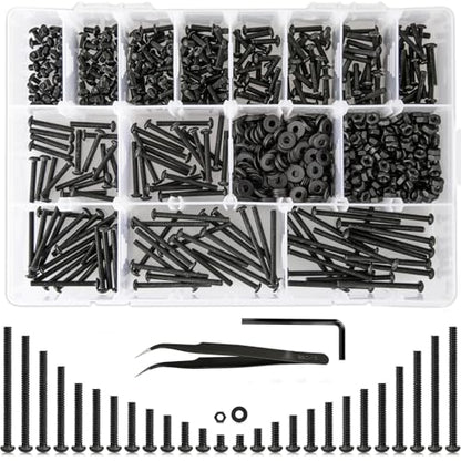 1023Pcs M3 Screw Assortment 13 Lengths 4mm to 40mm, 10.9 Alloy Steel Nuts and Bolts Assortment Kit, Metric Button Head Hex Socket Head Cap Machine Screws and Nuts, Washers, Black - size: B. M3