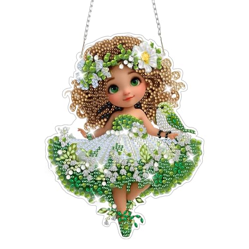 AIRDEA Hanging Diamond Painting Kits Girl,Special Shaped Diamond Art Kits Cartoon Gem Art Pendant Decor,19.9X15.4cm - color: green white brown