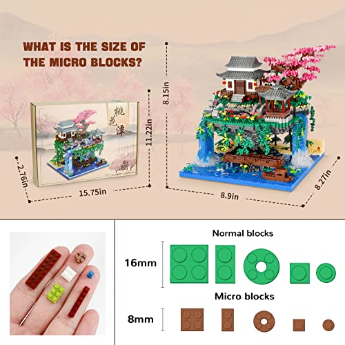 NEWABWN Cherry Blossom Tree Building Set with Lighting, Architecture of Peach Blossom Micro Building Blocks, Japanese Architecture Zen Garden Kit for 14+ Kids Adults (3320 Pieces) - style: Peach Blossom Pond