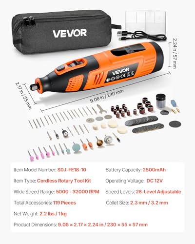 VEVOR 119-Piece Cordless Rotary Tool Kit, DC12V Portable Mini Power Rotary Tool, 28-Level Speed 5000-32000 RPM Multi-Purpose DIY Tools for Engraving, Sanding, Polishing, Carving, Cutting, DIY Crafts - style: 119PCS