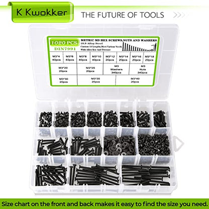 1023Pcs M3 Screw Assortment 13 Lengths 4mm to 40mm, Hex Socket Flat Head 10.9 Alloy Steel Nuts and Bolts Assortment Kit, Metric Machine Screws and Nuts, Washers, Black - size: C. M3