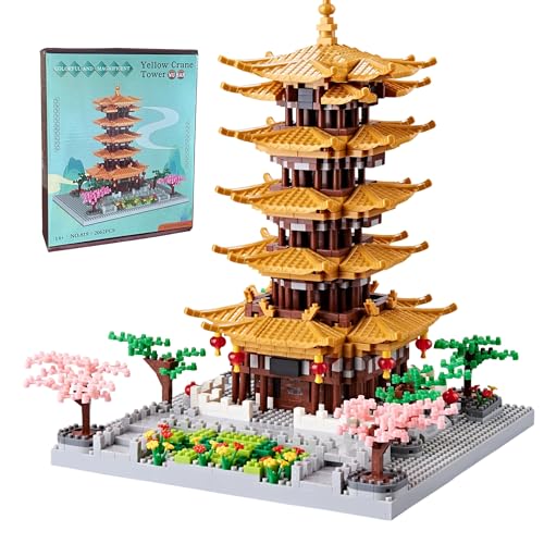 JXRLMB Chinese Ancient Famous Architecture Micro Building Blocks Set for Adults Yellow Crane Tower with Sakura Tree Cherry Plants, Toys for Kids Age of 14+ 2200 pcs - color: Chinese Yellow Crane Tower