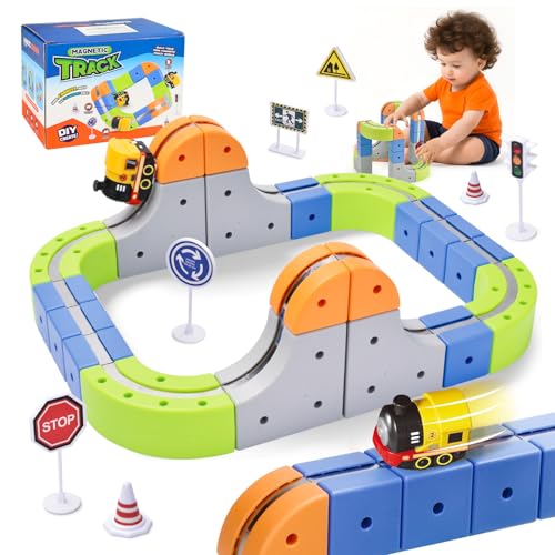 58PCS Electric Magnetic Train Track Sets – DIY Race Car Track Building Kits with Train and Traffic Signs, STEM Toy for Toddlers and Kids, Boys and Girls Ages 3-8, Birthday Party Gifts (Small) - color: Small