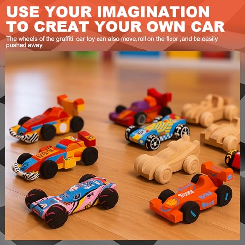 Lenwen 60 Pcs Wooden DIY Car Toys for Party Unfinished Wooden Cars, Wood Truck Wood Graffiti Toy Truck and Crafts DIY for Students Girls Boys Activities Craft Projects Woodworking