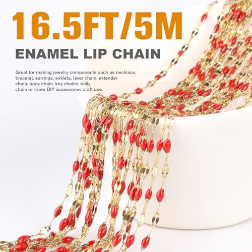 16.5FT Stainless Steel Enamel Chain 2MM Gold Lip Chain for Jewelry Making - color: gold(red)
