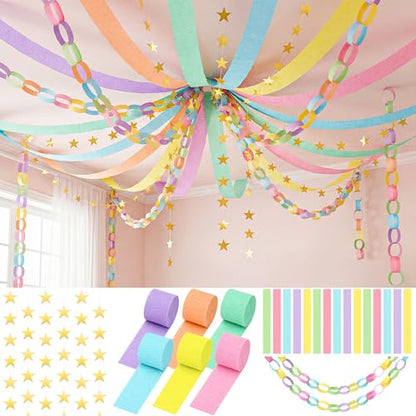 700 Sheet Macaron Paper Chain Strips and 52 ft Gold Star Garland Set - color: Macaron-700pc