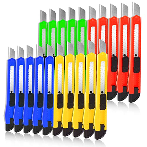 20-Pack Retractable Utility Cutter | Auto-Lock Design with 9mm Snap-off Blades | Carton & Cardboard Opener for Office/Home | Disposable Exacto Razor Tool - color: 20 Pack - Red, Yellow, Blue, Green