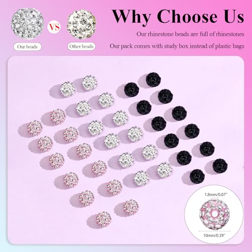 Dowarm 255PCS 10mm Rhinestone Beads for Baseball Rhinestone Necklace Bracelet Jewelry Making, Round Polymer Clay Beads for Crafts Beaded Pen, Shamballa Pave Disco Diamond Bead, Pink|White|Black - color: 10-Pink | White | Black