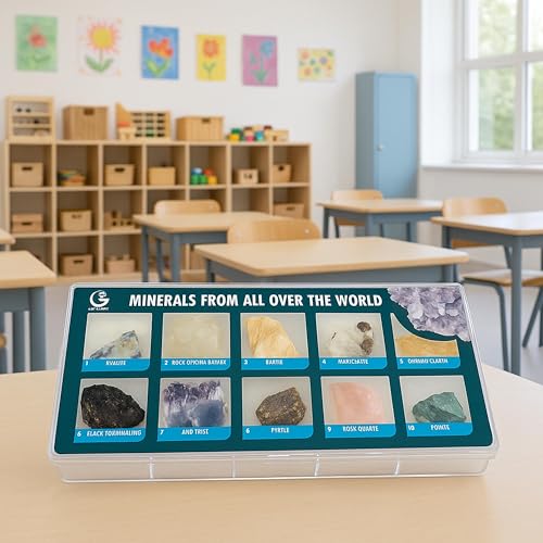 10 Authentic World Mineral Specimens STEM Kit for Kids – Labeled Geology Collection with Guide in Plastic Display Case – Educational Rock Set Ages 6+