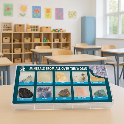 10 Authentic World Mineral Specimens STEM Kit for Kids – Labeled Geology Collection with Guide in Plastic Display Case – Educational Rock Set Ages 6+