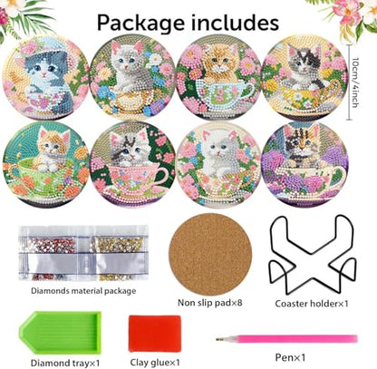 8 Pack Diamond Art Coasters Kits - Cute Cat Diamond Painting Coasters - color: Cute Cat