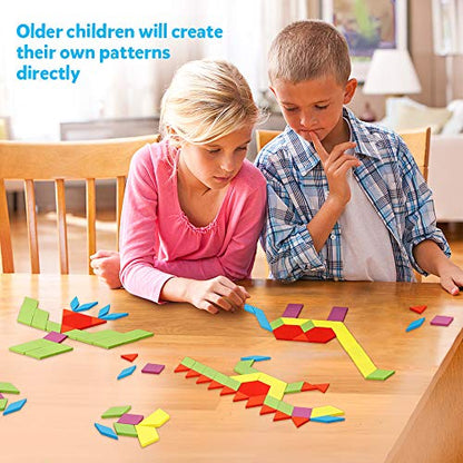 Coogam Wooden Pattern Blocks Set 130PCS Geometric Color Shape Manipulative Puzzle – Graphical Montessori Tangram Early Learning Educational Toys Brain Teasers STEM Gift for Kids with 24 Design Cards