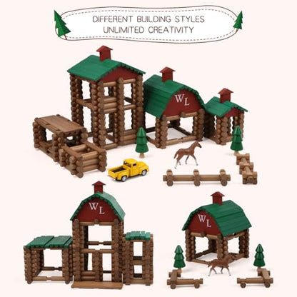 Wondertoys 330 Pcs Wooden Log Set Real Wood Logs Classic Building Log Ages 3+ Best Retro Building Gift Set for Boys Creative Construction Engineering Educational Gifts - style: 330PCS Villas