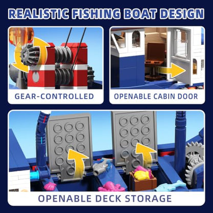 Fishing Boat & Light-Up Lighthouse Building Set, Compatible with LEGO Boat 777 PCS Sea Fishing Building Kit with Gear-Controlled Net, Rescue Dinghy and Coral Reef, Ocean Gift for Kids and Teens