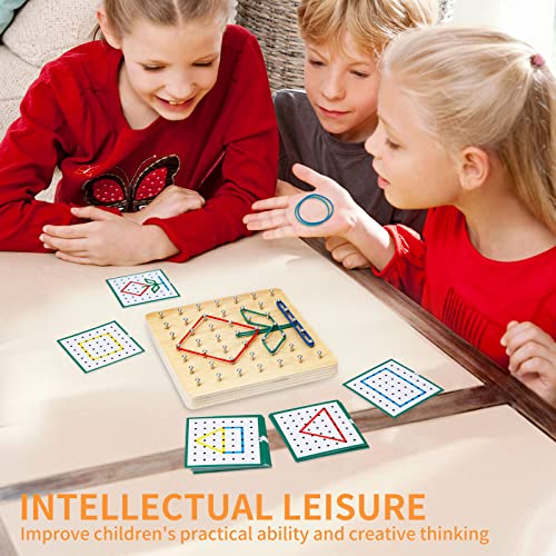 HEELWIRE Wooden Geoboard,Montessori Toy,Graphical Mathematical Education Toy for Kids with Pattern Cards and Rubber Bands to Figures and Shapes, Brain Teaser STEM Toy Geo Board (6 * 6 * 0.6 in) - size: 6*6*0.6 in