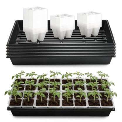 RooTrimmer 5 Pack Heavy Duty 1020 Trays and 40 Pack Clear 4 Cell Seed Starter Trays with Large Drainage Holes, Easy Transplant - for Seed Germination & Plant Propagation (5 Sets)