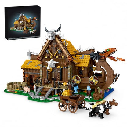 Medieval Viking House Building Set Collectible Model for Adults, Compatible with Lego Farm with Lights Home Office Decor for Adults - 3129PCS