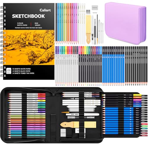 Caliart 176PCS Art Supplies Sketching Kit, 100 Sheets 3-Color Sketch Book - color: Purple
