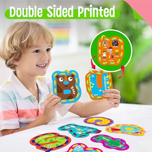 52 PCS Lacing Cards, 26 Double-Sided Uppercase & Lowercase Sewing Cards with 52 Colorful Laces, Imagination Development Lacing Toy Games Educational and Learning Activity for Preschoolers, Children - color: 52 Uppercase & Lowercase Letters