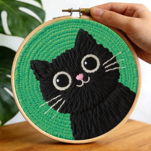 BEUNITONE 2Pcs Cute Cat Punch Needle Kit for Beginners, with Hoop-20x20cm - color: 03-Peeking Cat