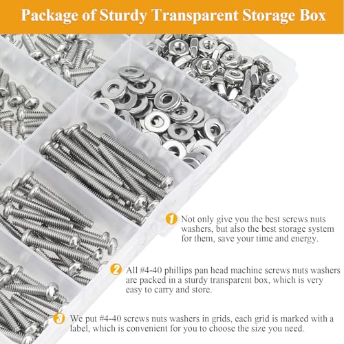 254 Pieces #4-40 x 3/16", 1/4", 5/16", 3/8", 1/2", 5/8", 3/4", 1", Phillips Pan Head Machine Screws Nuts Washers Assortment Kit - size: #4-40, style: Phillips Pan Head