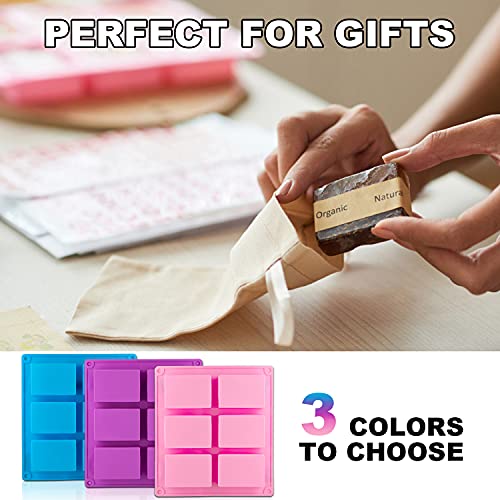 LERYKIN 3 Pack Silicone Soap Molds, 6 Cavities Rectangle Silicone Mold, Great for Homemade Craft Soap Mold, Chocolate, Cake Molds ＆ Ice Cube Tray - Just Pop Out（Pink & Blue & Purple） - color: Pink+Blue+Purple - Rectangle