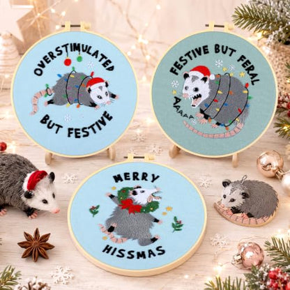 Mindsoft 3 Set Needlepoint Kit for Beginners with Hoop,Christmas Possum - style: Christmas Possum