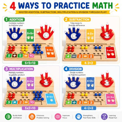 Montessori Math Learning Toy for Kids 3-7 – Wooden Counting Board with Beads, Number Blocks & Cards – Preschool STEM Educational Toy for Addition, Subtraction, Sorting & Fine Motor Skills