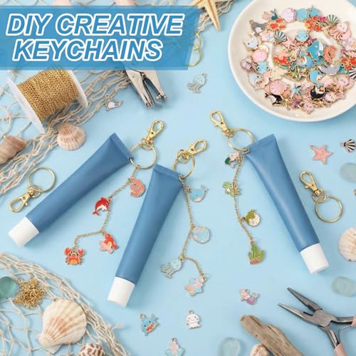 VioraWhite 213 Pcs Ocean Theme Keychain Making Kit Summer Bag Charm Kit Lip Gloss Keychain 100 Enamel Charms 32.81 ft Gold Chains for DIY Crafts Women - style: Ocean Theme