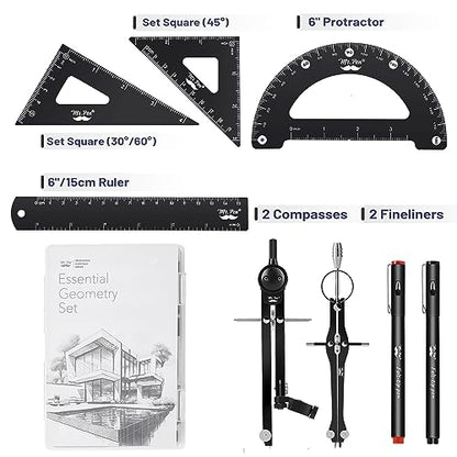 Mr. Pen- Professional Geometry Set, 15 pcs, Drafting Tools with Protractor - color: Black