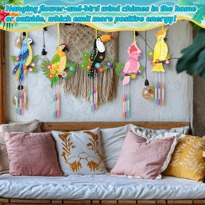 Amyhill 16 Pack Bird Wind Chimes Craft Kit, DIY Painting Wooden Art, Gifts - style: Parrot Bird