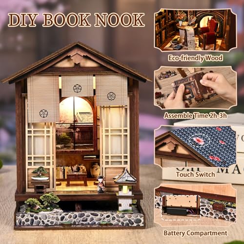 DIY Book Nook Kit, 3D Wooden Puzzle for Adults, Japanese Zen Garden Miniature House Model with LED Light, Creative Shelf Insert Decor & Arts Crafts Gift (Moss Lantern Harmony Garden) - style: Moss Lantern Harmony Garden