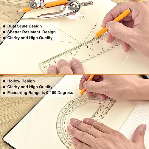 60 Pieces Geometry Math Set Compass for Geometry Math Compass and Protractor Set Include Metal Compass with Pencil Plastic Ruler and Protractor for Student School Office Woodworking Drawing Tools