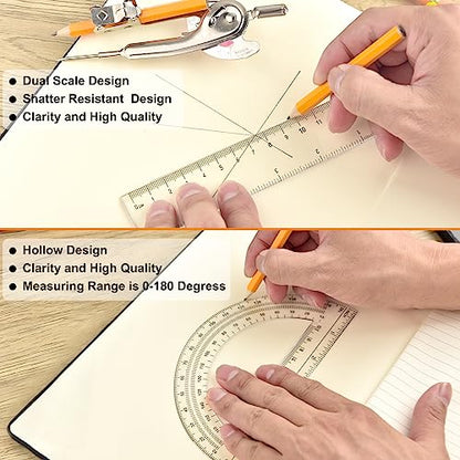 60 Pieces Geometry Math Set Compass for Geometry Math Compass and Protractor Set Include Metal Compass with Pencil Plastic Ruler and Protractor for Student School Office Woodworking Drawing Tools