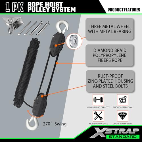 XSTRAP STANDARD 50 Feet Rope Hoist, Heavy-Duty 2000LB Break Wheel Block - color: 50 Ft+ Black+1 Swing Hanger