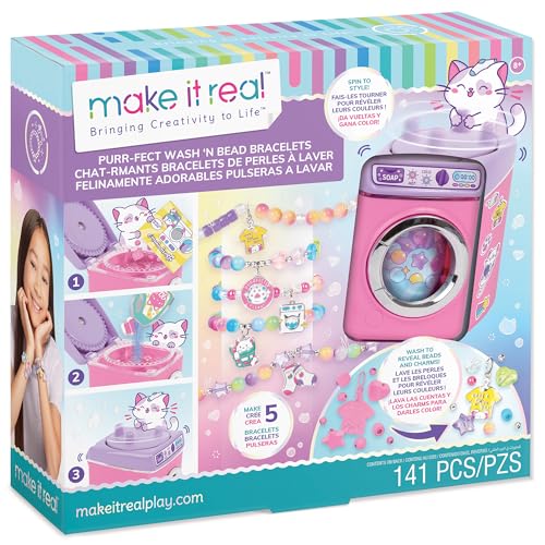 Make It Real: Purr-FECT Wash 'N Bead Bracelets - 141pc, DIY Jewelry Craft Kit, Design-Make 5 Charm Bracelets, Spin to Style, Bead Cleaning, Kids 8+