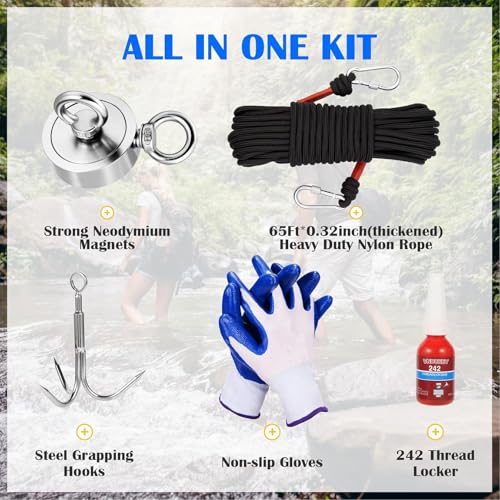 VNDUEEY 760LBS Magnet Fishing Kit, 2.36" Double Hole Fishing Magnet Kit with Rope, Strong Magnets for Retrieving in River Lake Beach and Lawn, Includes 65Ft Rope, Carabiner, Gloves, Grappling Hook - size: 2.36" 760LBS, style: Double Hole Kit