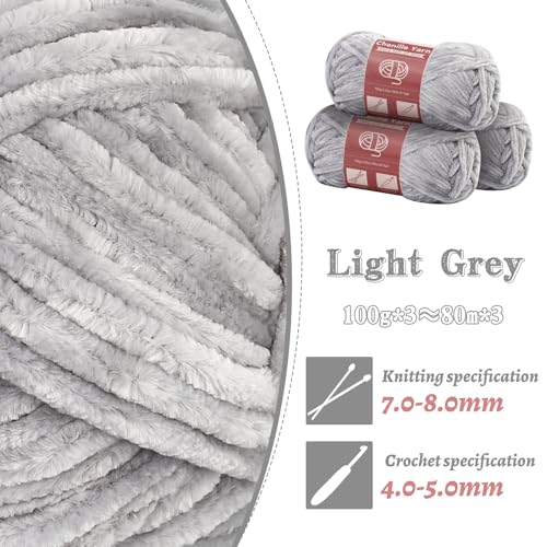 LUNARM Chenille Yarn 3 Pack 3.5oz Chunky Blanket Velvet Yarn 263 Yard - color: Light Grey