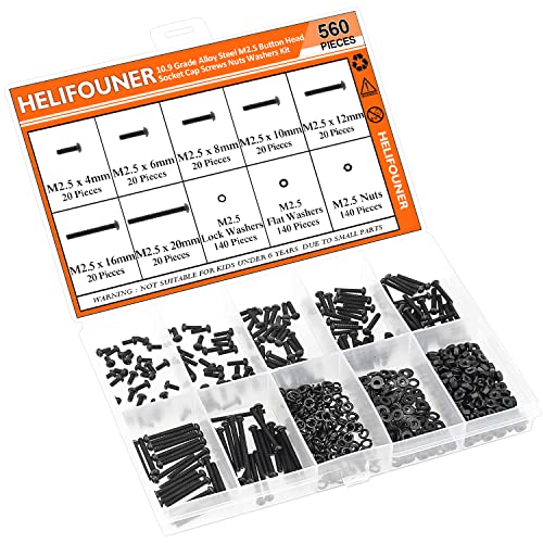 HELIFOUNER 560 Pieces M2.5 x 4mm /6mm /8mm /10mm /12mm /16mm /20mm, Button Head Socket Cap Screws Bolts Washers Nuts Kit, 10.9 Grade Alloy Steel, Full Threaded, Black - size: M2.5, style: Button Head