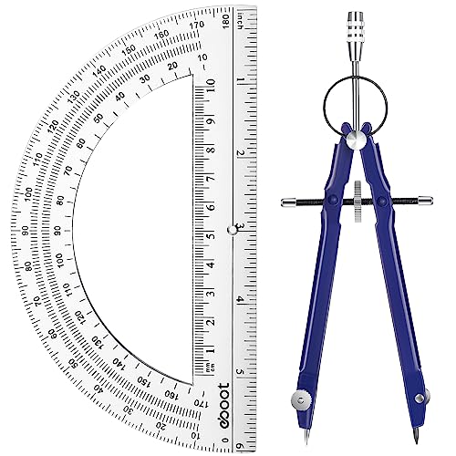 EBOOT Math Geometry Set Metal Compass 6" Clear Protractor, Blue - color: Blue