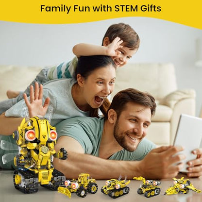 HPROMOT 5-in-1 STEM Robot Building Kit for Kids Ages 8-16, Remote & App Controlled, Rechargeable Engineering Learning DIY Coding Toy, Educational Building Blocks Gift for Girls & Boys (673 PCS) - color: Yellow